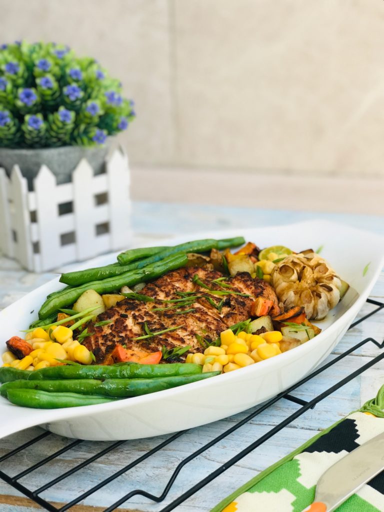 Butter Garlic Roasted Salmon with Veggies