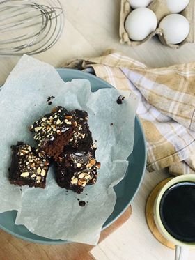 Brownies with Chocolate Frosting paired with Fresh Brewed Coffee