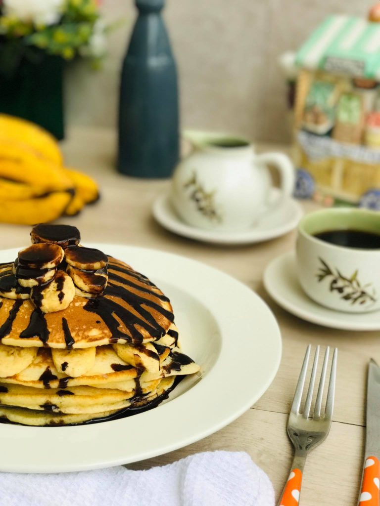 Chocolate Drizzled Banana Pancakes