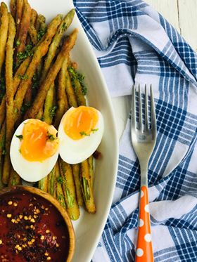 Parmesan Crusted Baked Asparagus with Soft boiled eggs and spicy Tomato sauce