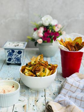 Baked Sweet Potato Chips with Garlic Aioli Dip