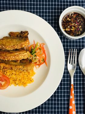 Oven Baked Crispy Pork Belly with Garlic Annato Rice