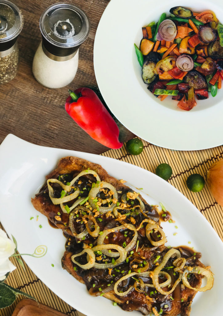 Bangus Steak with Caramelized Onions, Rice and Baked Chopped Veggies