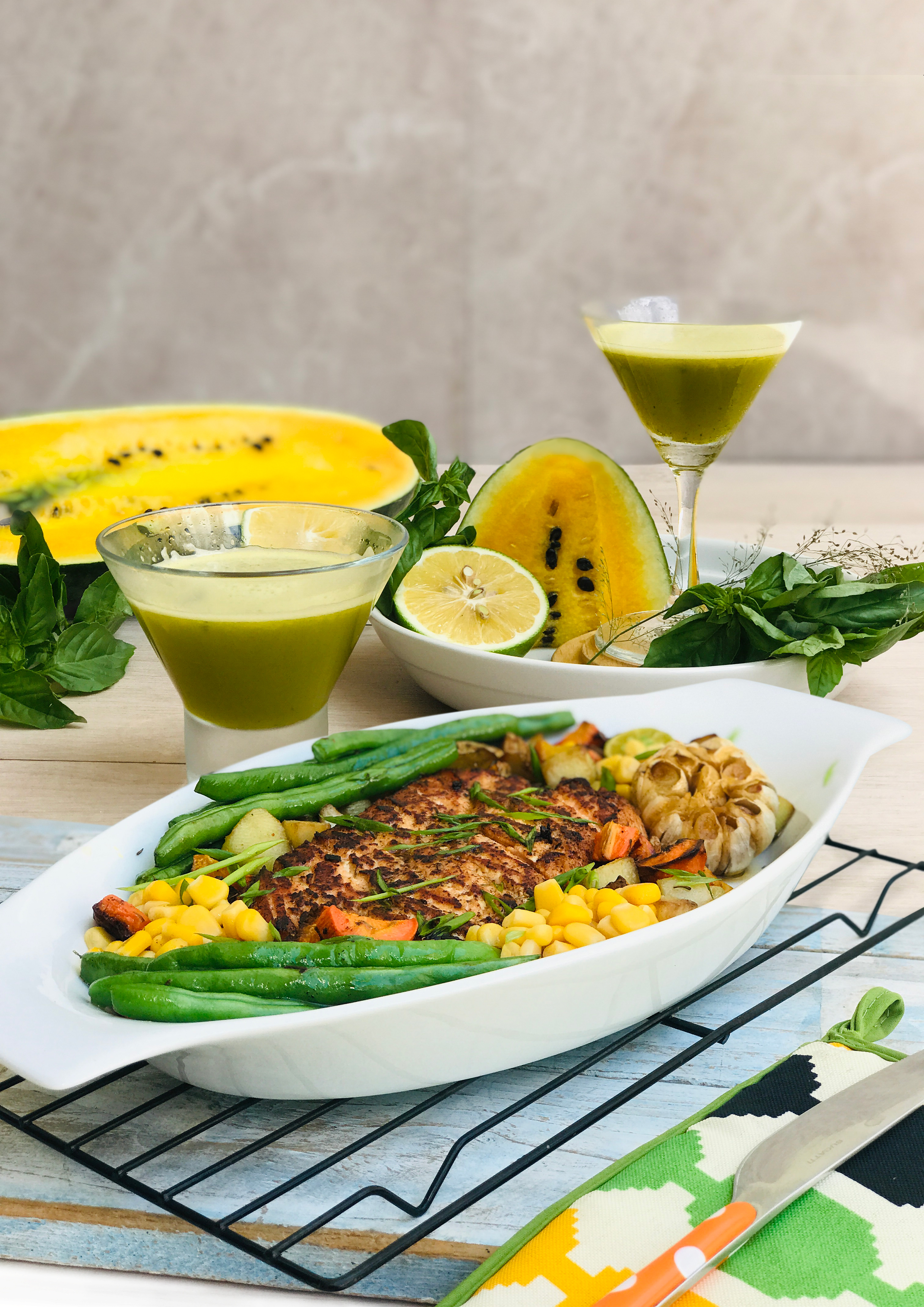 Butter Garlic Roasted Salmon w/ Veggies and Watermelon Basil Mocktail