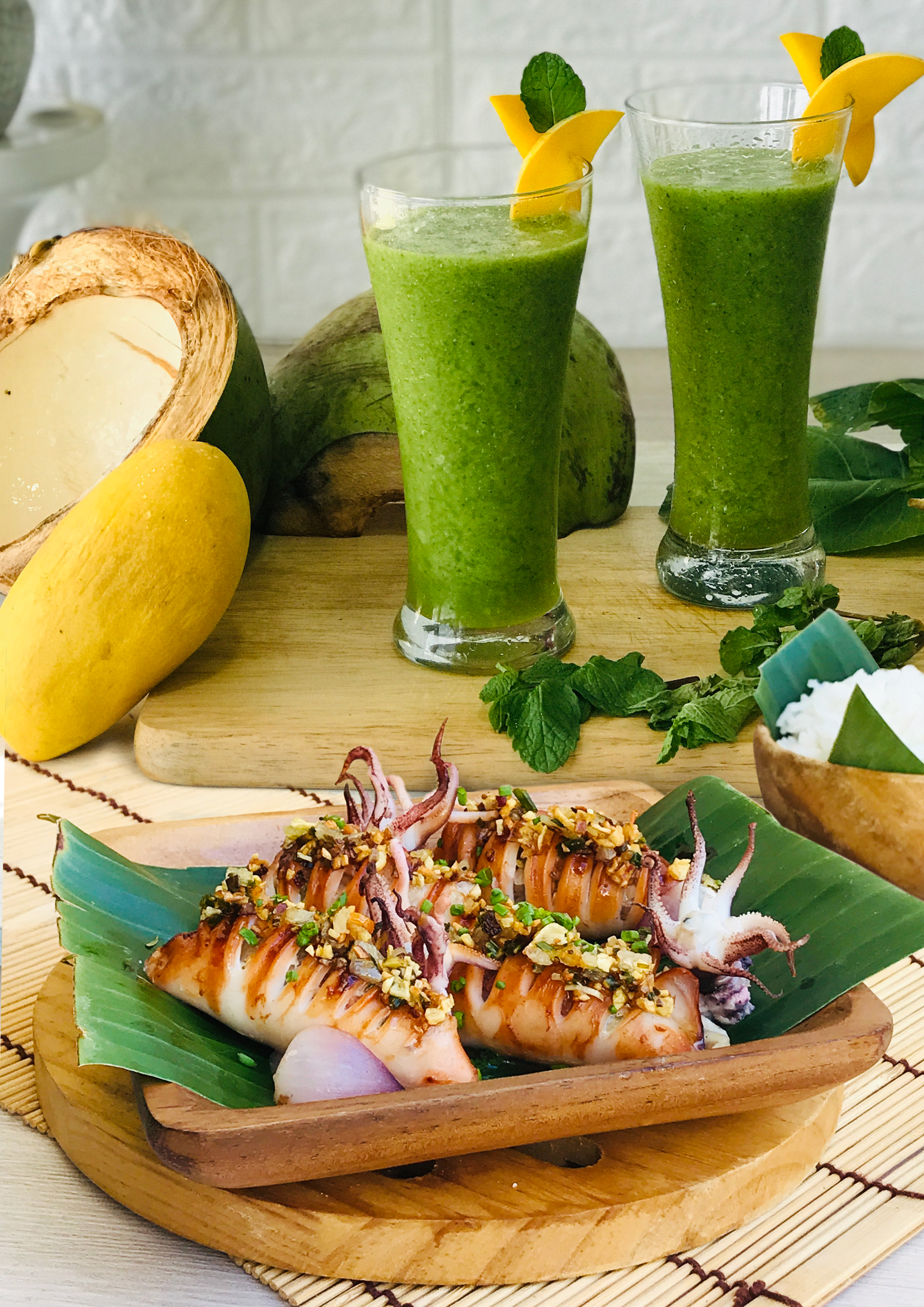 Broiled Stuffed Squid and Coco Twist Smoothie