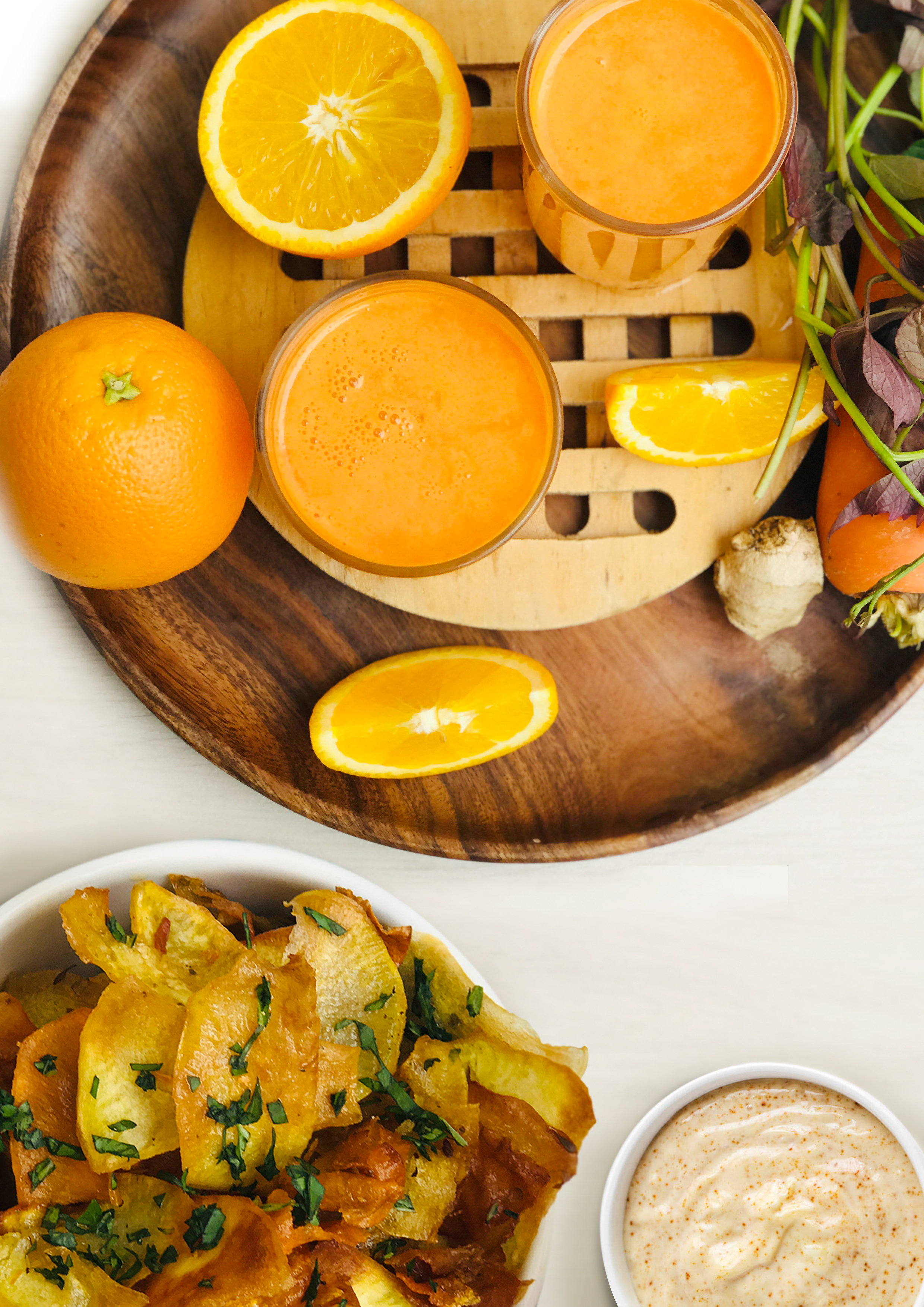 Baked Sweet Potato Chips w/ Garlic Aioli and Orange You Happy Juice