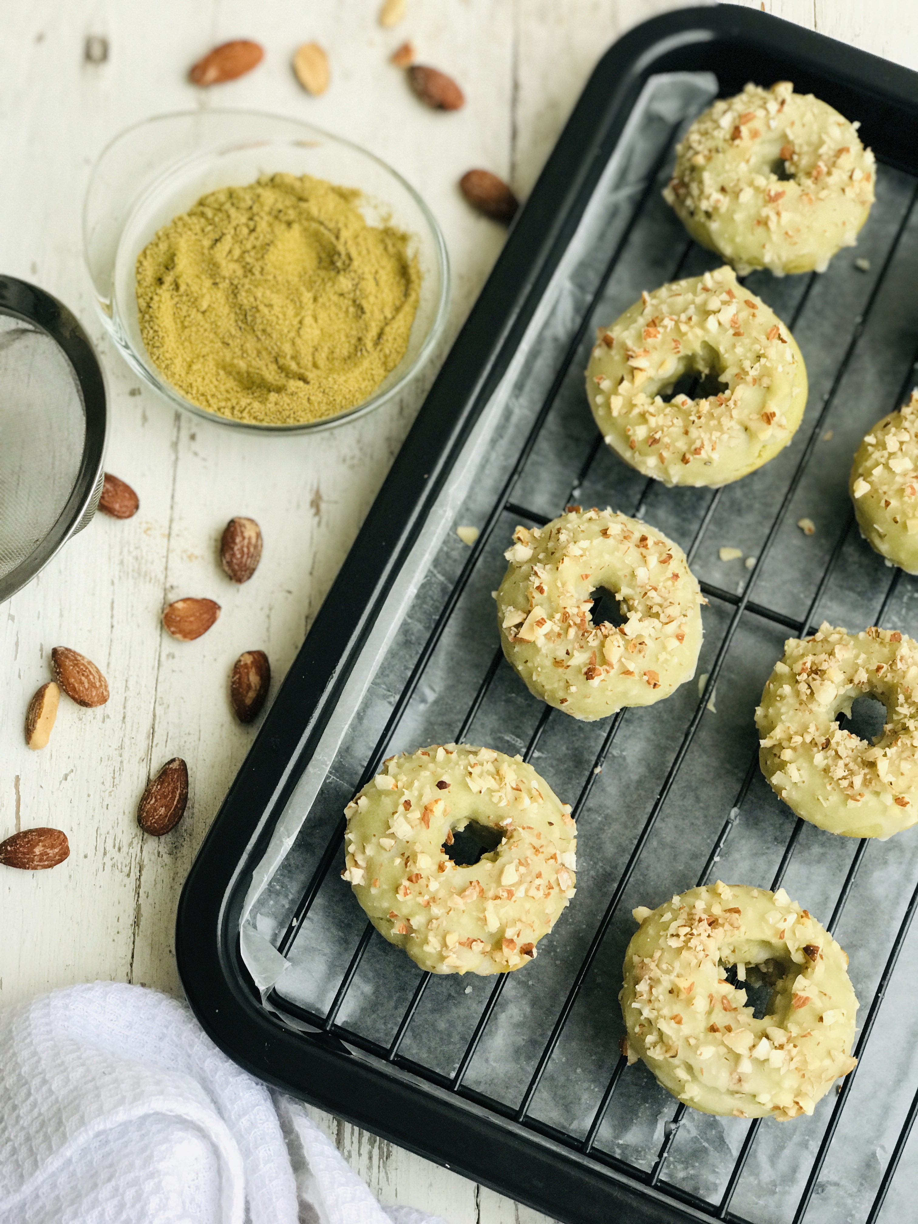 Matcha Almond Glazed Doughnuts
