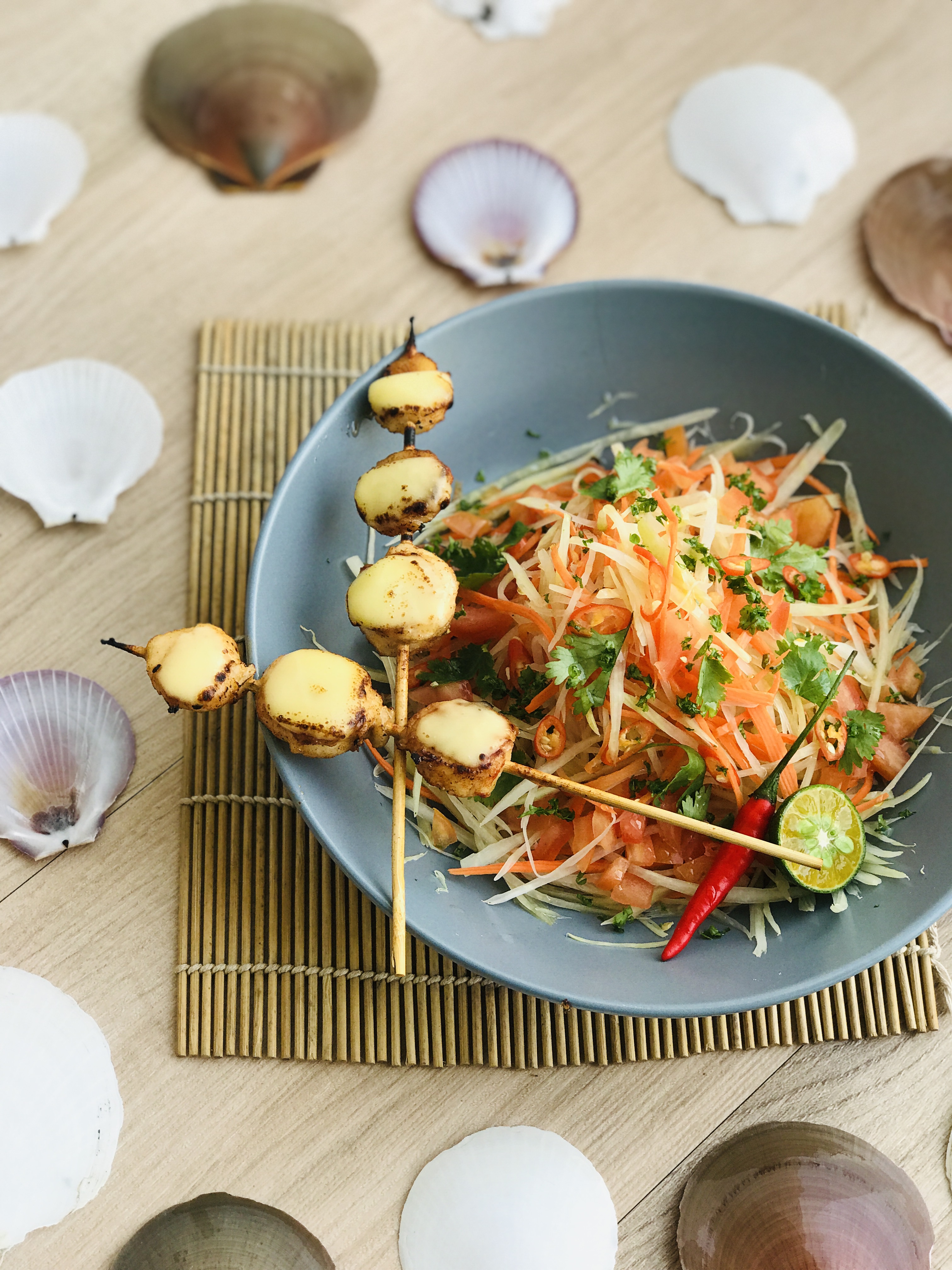 Grilled Cheesy Scallops with Green Papaya Salad