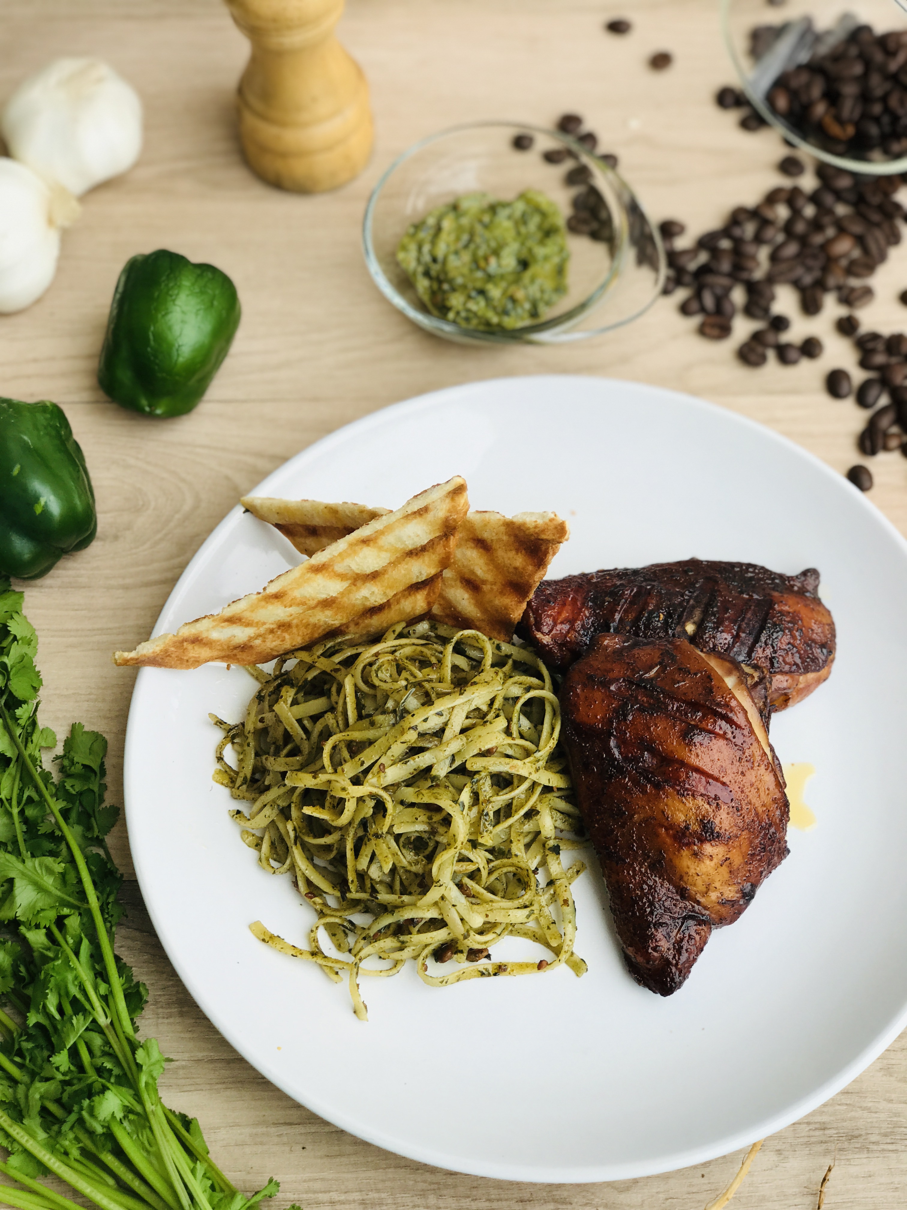 Broiled Espresso-rubbed Chicken with Green Chilli Cilantro Pesto