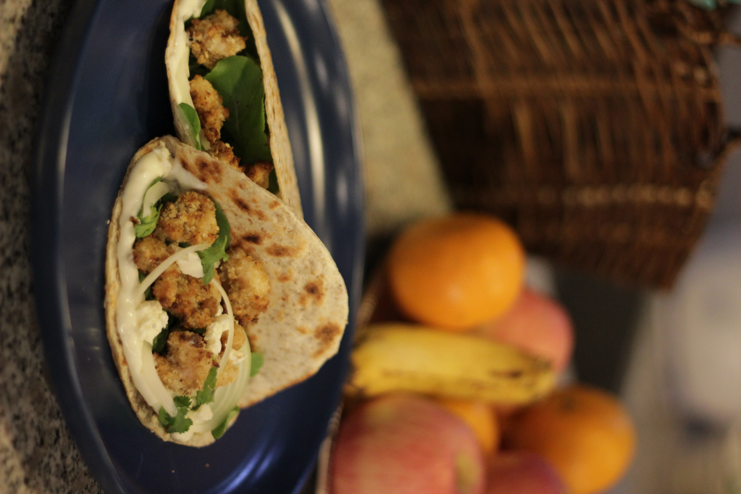 Air Fried Popcorn Shrimp Wraps with Garlic Greek Yoghurt