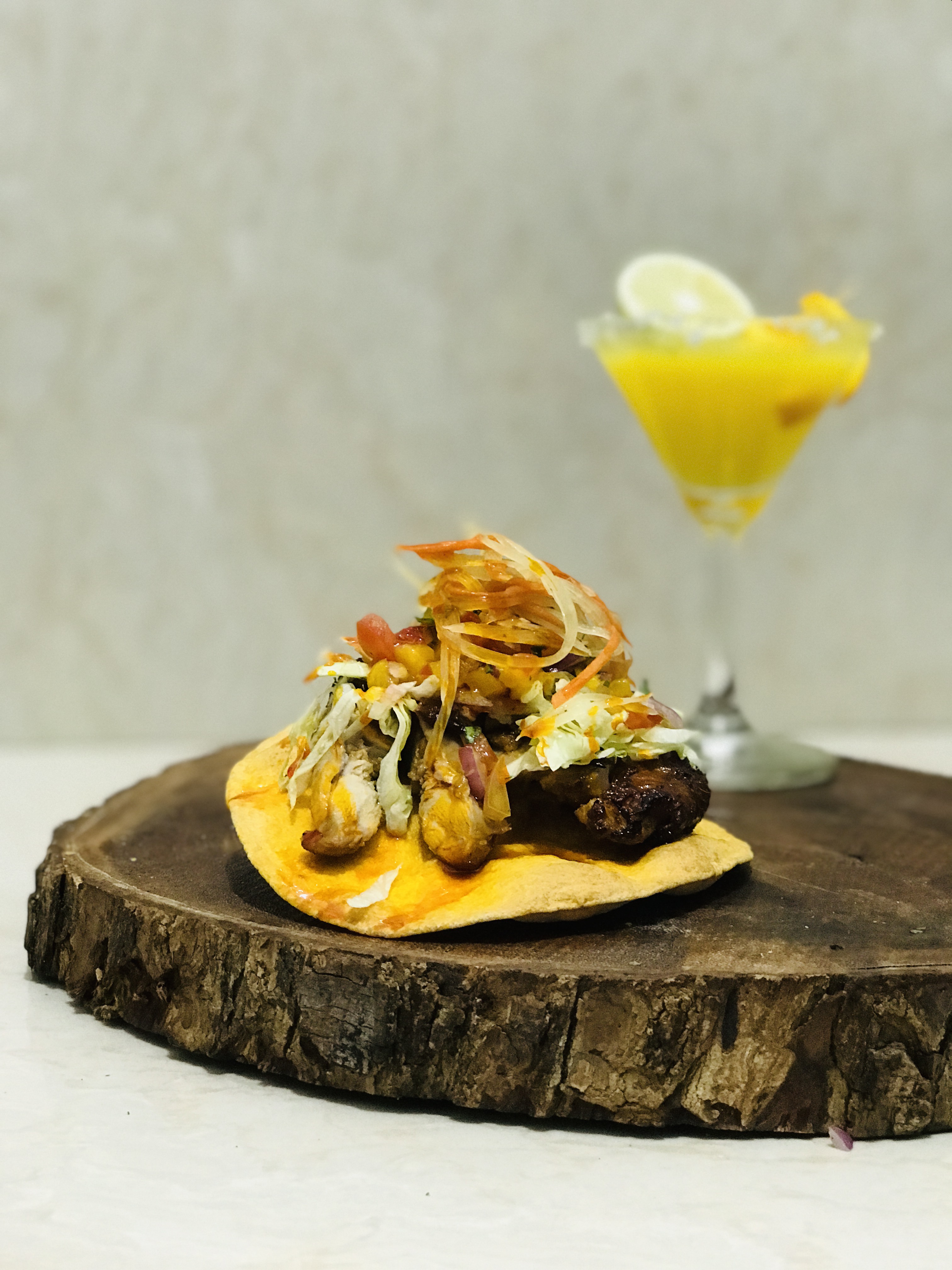 Air Fried Chicken Inasal Tostada with Orange and Lime Virgin Margarita