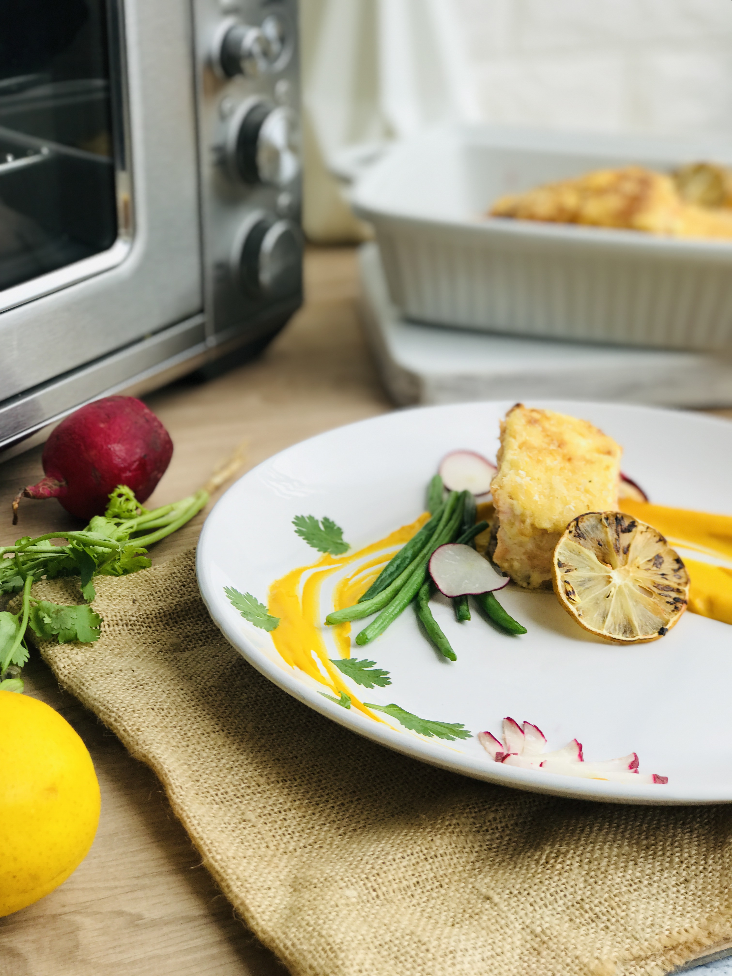 Creamy Baked Salmon with Crispy Crumb Topping and Roasted Pumpkin Puree