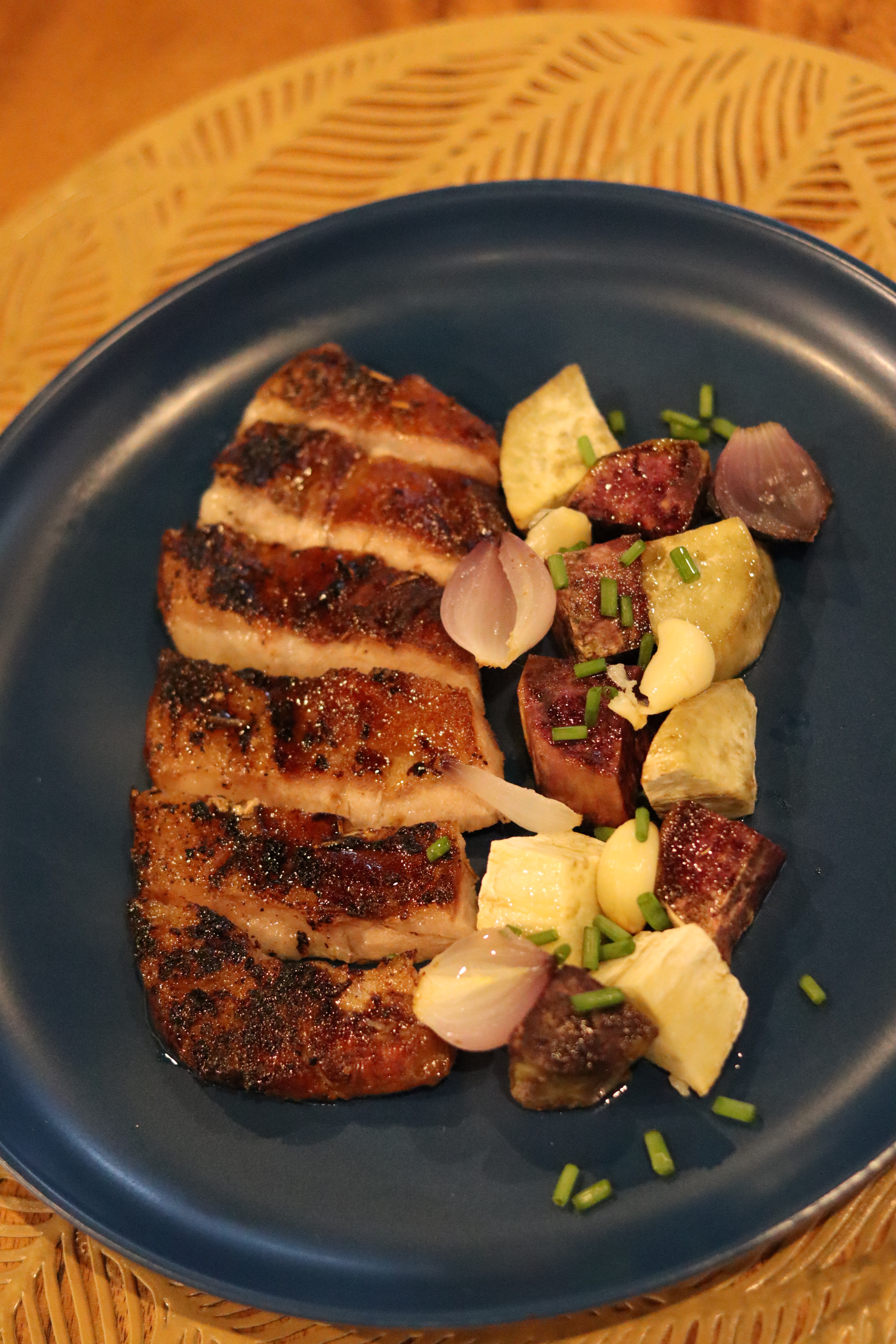 Apple Glazed Pork Chops with Roasted Garlic Sweet Potatoes